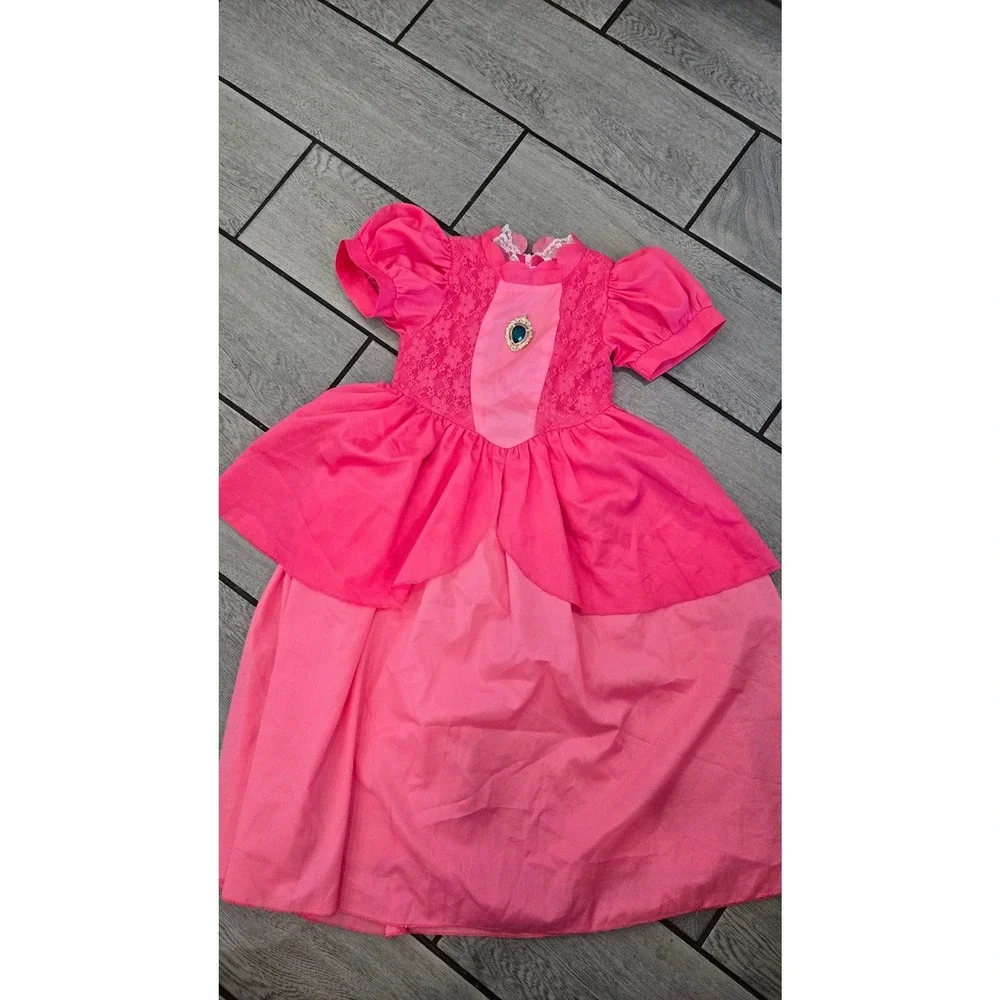 Pink Princess Peach Costume Dress Girls Size 120 Lace Bodice Teal Gem Brooch